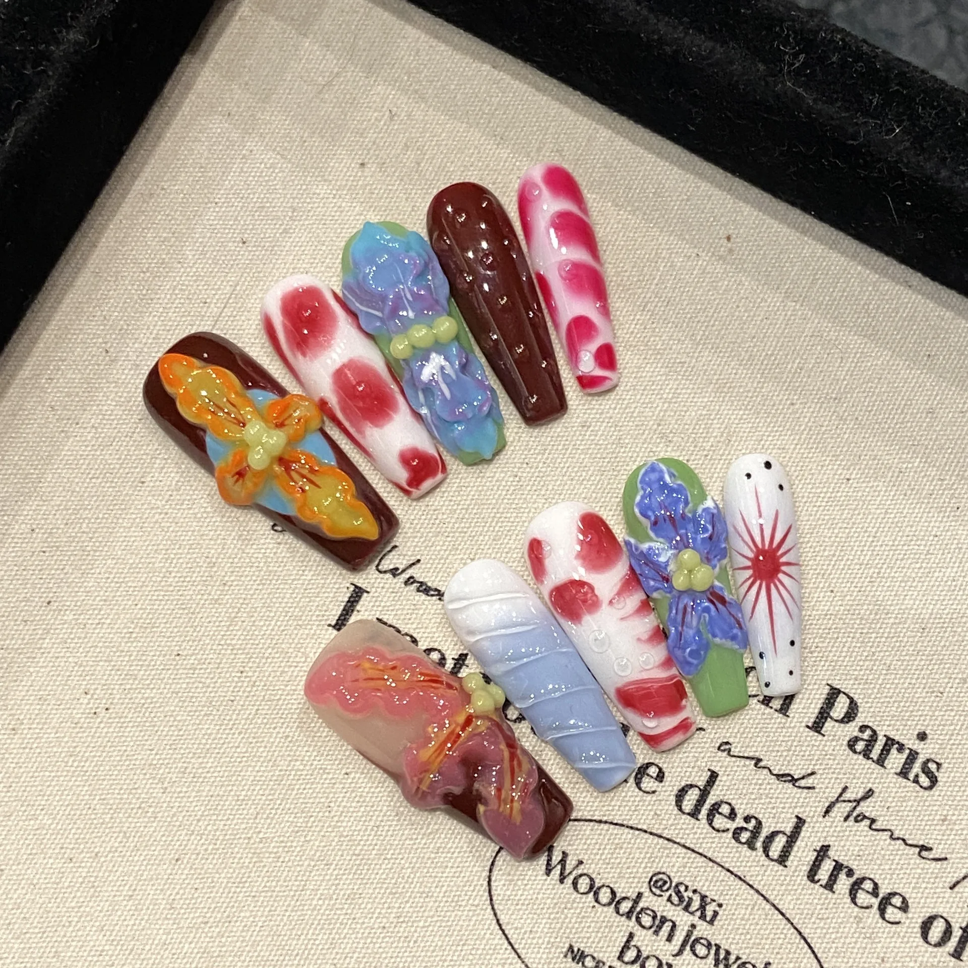 Handmade Press on Nails 3D Hand-carved Flowers Colorful Fake Nails Full Cover Wearable Long Ballet European False Nail Tips