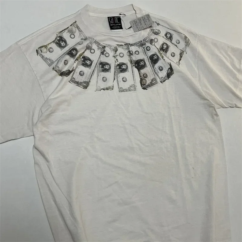 24ss SAINT MICHAEL Washed White T Shirts Men Women 1:1 Best Quality Dollar Necklace Print Oversized T Shirt