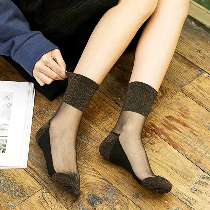 1 Pair Brown Shiny Detail Socks,Colorblock Sheer Mesh Mid Tube Socks, Women's Stockings & Hosier