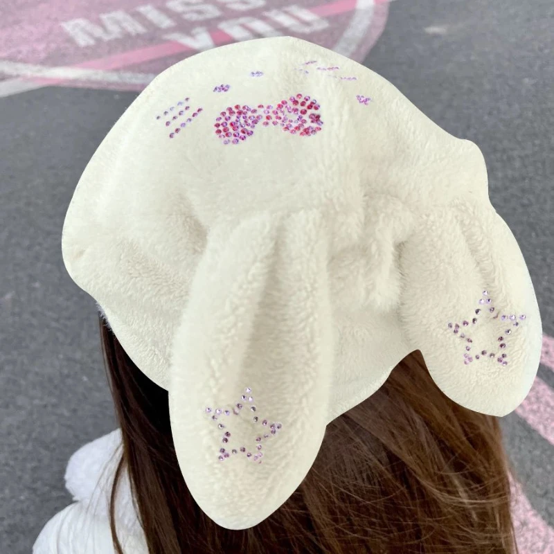 New Sanrio Hello Kitty Pink Diamond Women's Soft Cute Fluffy Hat Rabbit Ears Design Fashion Accessories Winter Hat Headgear Gift