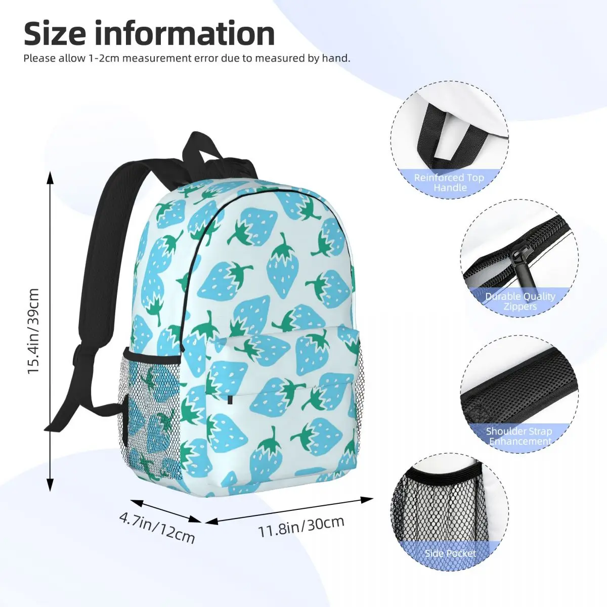 Cute Blue Strawberry Backpack Daypack Large Capacity Boys Girls BookBag Shoulder Bags for Men Women Children School Bag