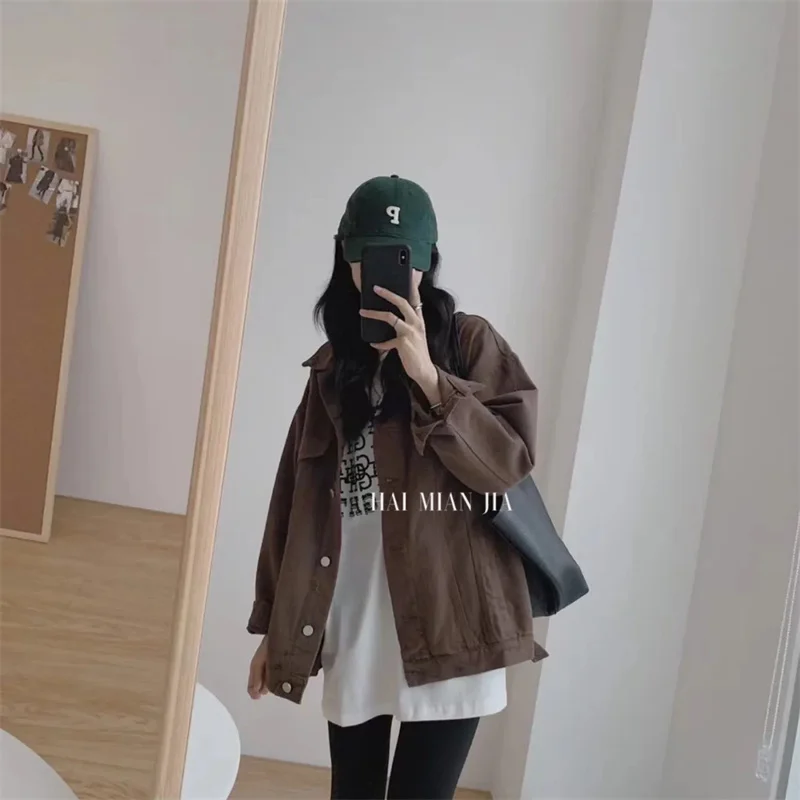 Wine red Denim Jacket Female 2022 Autumn Winter Small Korean Version Fashion Loose Simple Casual Jacket Trendy Ins Top Commute W