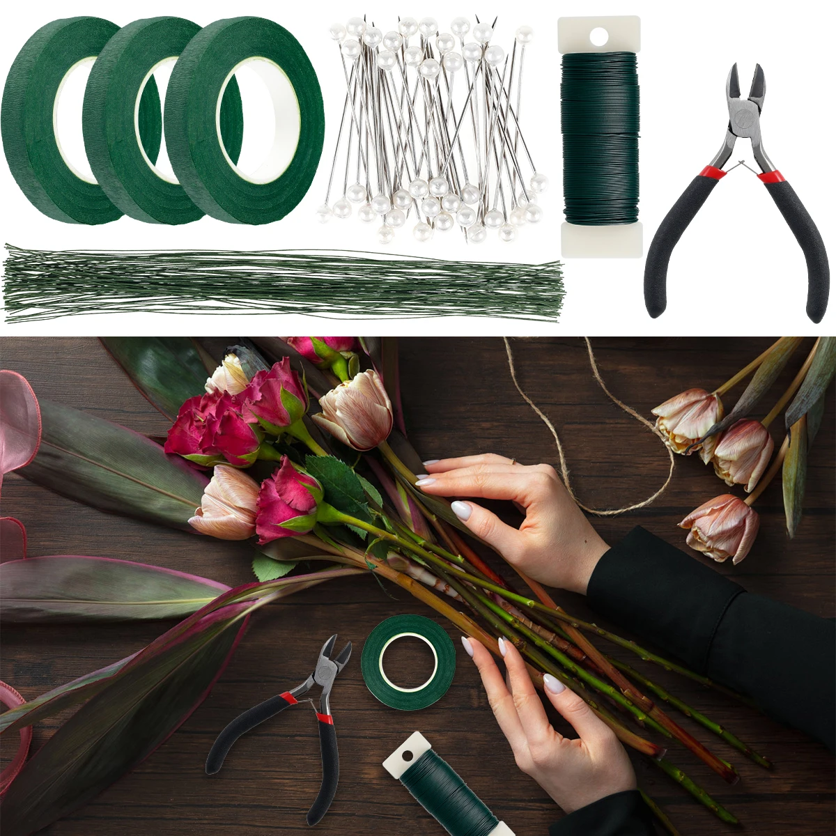 DIY Floral Arrangement Tools Kit Floral Tape and Floral Wire with Wire Cutter Green Floral Tapes for DIY Flower Crafts dropship