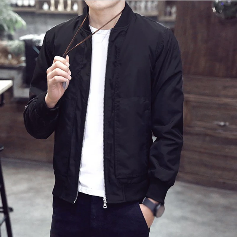 

Men's Casual Black Thin Slim Fit Stand Collar Long Sleeve Zip Jacket Coat Top Thin Solid Color Business Cotton Men's Clothing