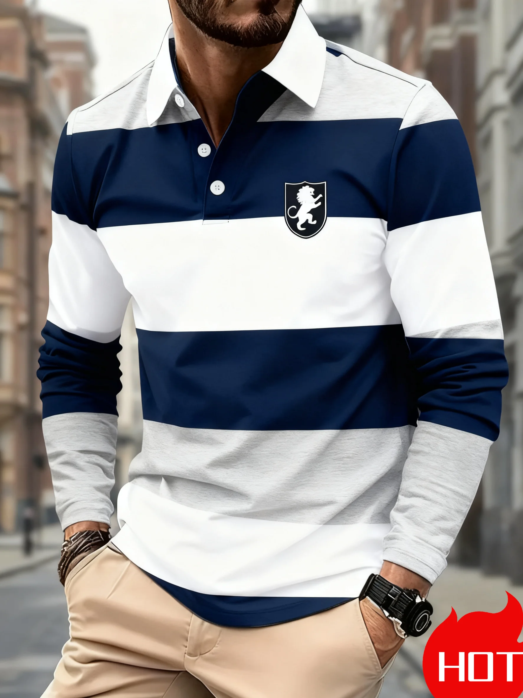 Spring And Autumn Men's Striped Rugby Polo Long Sleeve Collar Shirt Fashion Casual Daily Outdoor Sports Extra Large Men Clothing