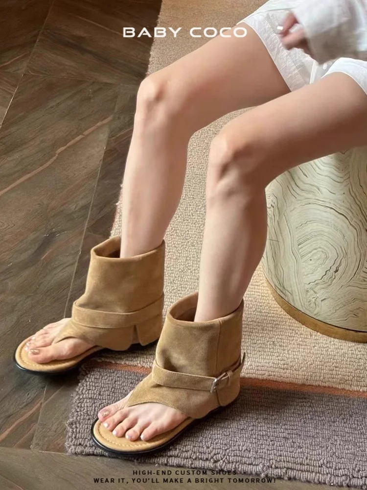 

Женские сандалии из кожи в западном стиле, римские ботильоны с открытым носком, модная обувь на плоском каблуке