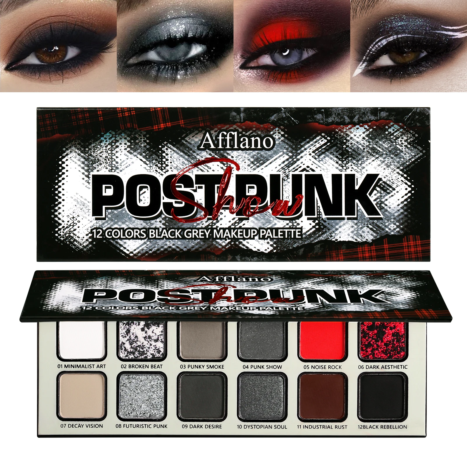 Palette di ombretti neri grigi Goth Makeup, tavolozza di ombretti Grunge Smokey Eye altamente pigmentata, argento glitter cromato sfumabile