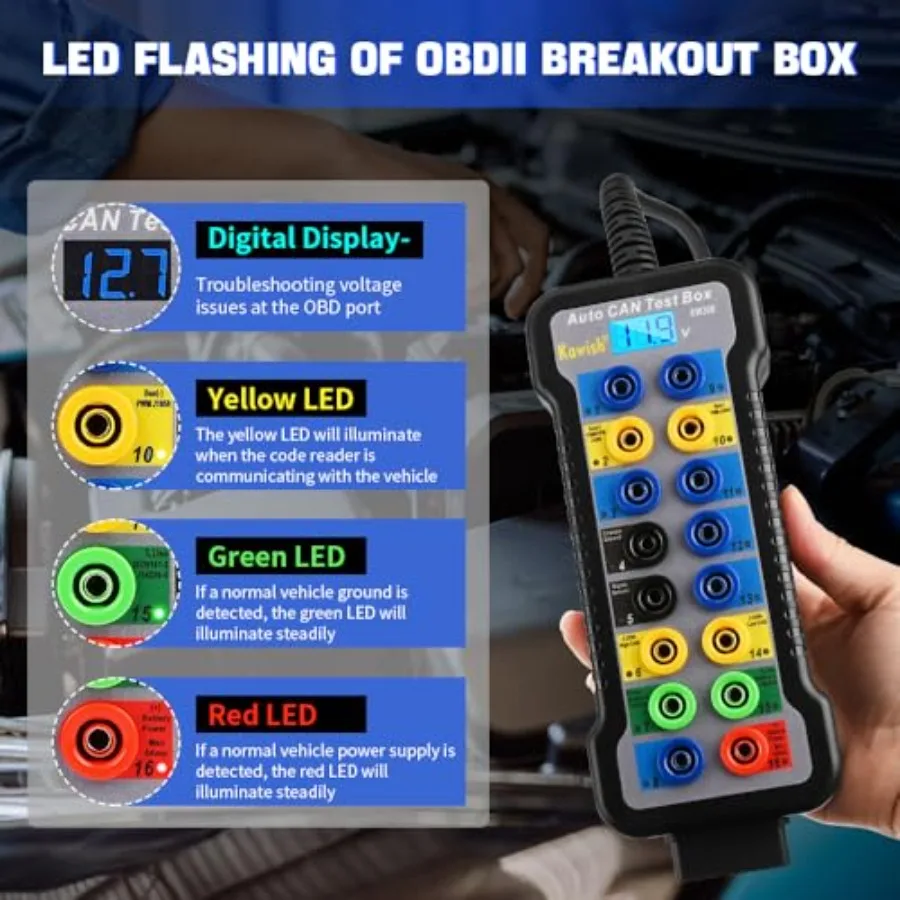 OBD2 Breakout Box Auto OBDII Protocol Detector 16-Pin CAN Bus Test Breakout Box with LCD Display for OBDII Protocol Communicati