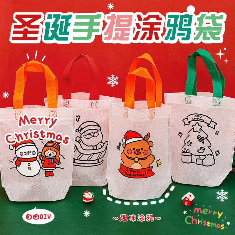 Cartoon Christmas Graffiti Tote Bag Childrens Handmade DIY Coloring Painting Bag Christmas Event Gift Bag