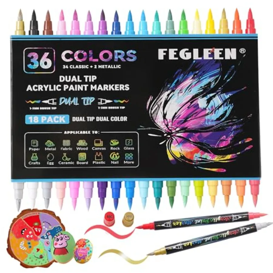 Acrylic Paint Markers, 18 Pack Dual-Color Acrylic Paint Pens with Brush Tip Contain 2 Metallic Colors for Rock Painting, Egg, W