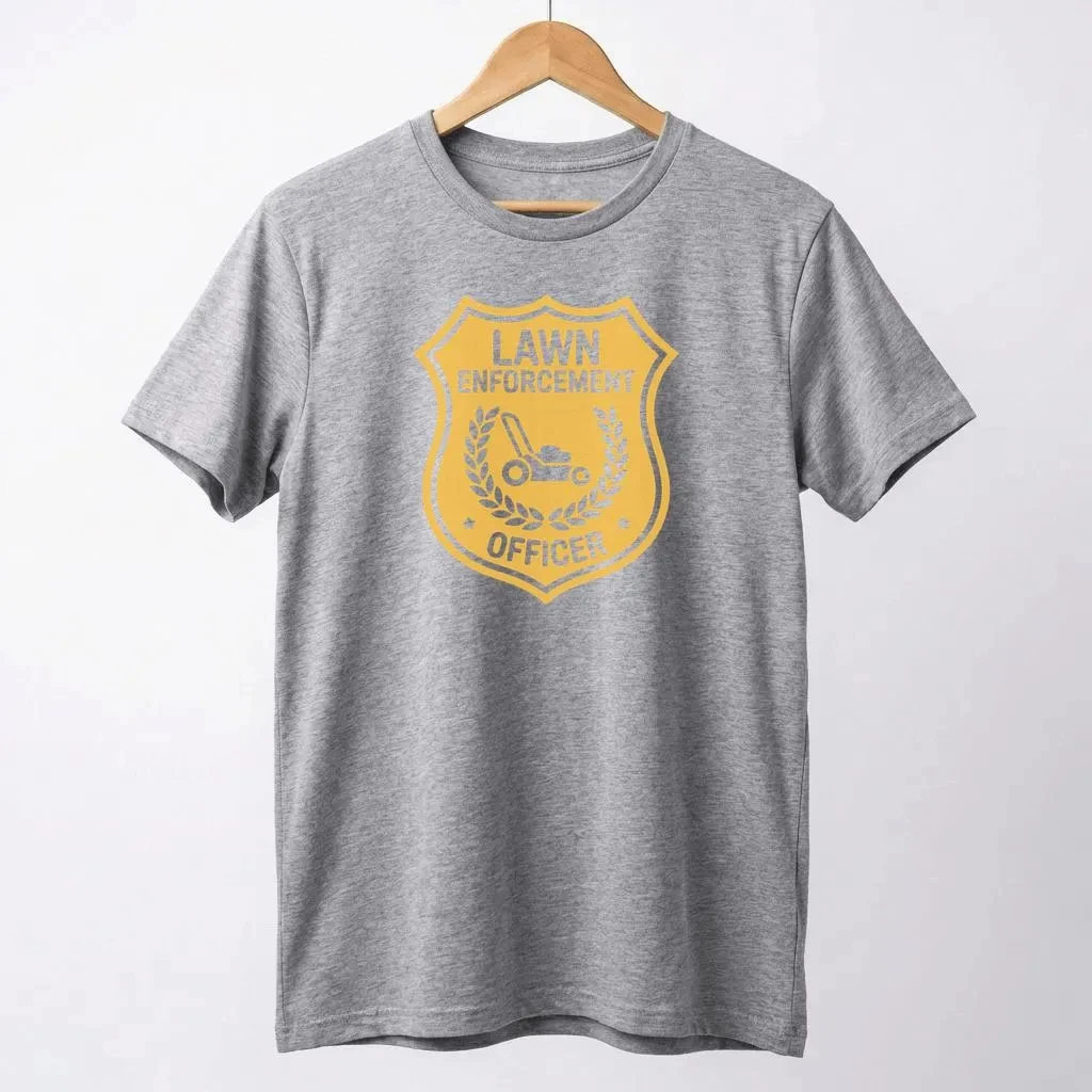 Lawn Enforcement Officer T-Shirt: Funny Gardening Shield Graphic Cotton Tee Fashionable Trendy Comfortable and Casual