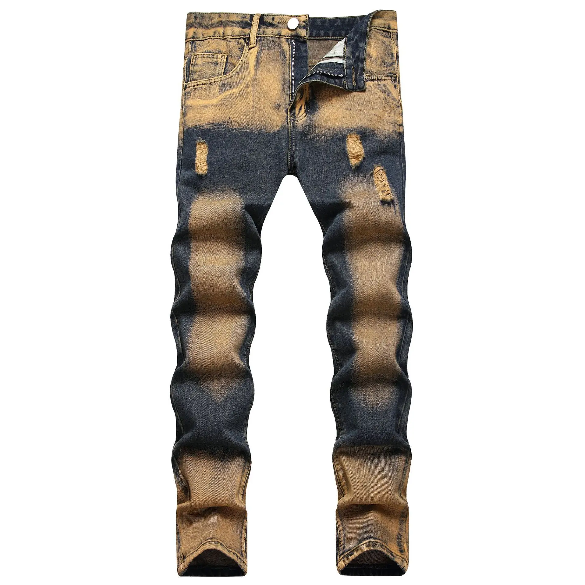 

Pencil Pants Hole Jeans Men Skinny Ripped Straight Trousers Mid Waist Pockets Distressed Streetwear Vintage Washed Male Denims