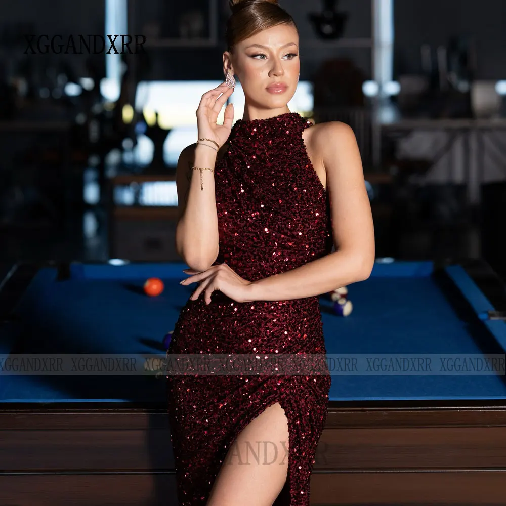 고품질 인어공주 스타일 프롬 드레스 2026 섹시한 사이드 슬릿 스팽글 레이스 롱 이브닝 파티 가운 홀터넥 여성 정장 생일 드레스