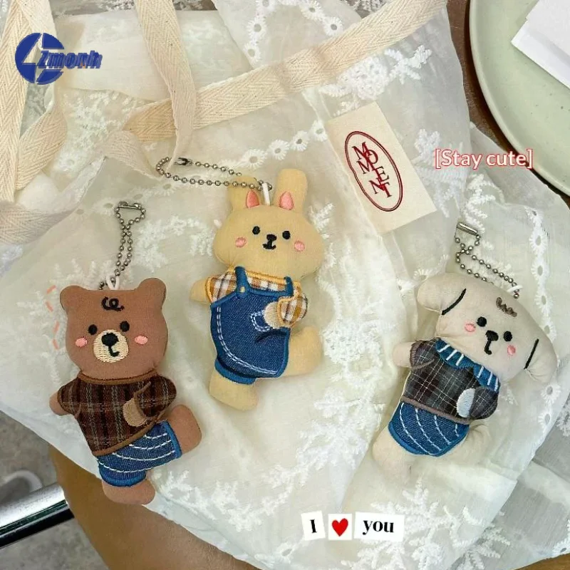 Ins Style Fabric Animal Doll Keychain Cute Bear Rabbit Dog Stuffed Doll Pendant Backpack Handbag Decoration Car Key Holder Gift