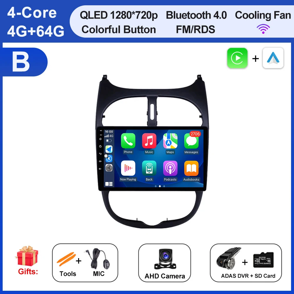 Autoradio Voor Peugeot 206 206SW 206CC 2000-2008 Android 16 Carplay Multimidia Video Player Draadloze Carplay Auto gereedschap Fan