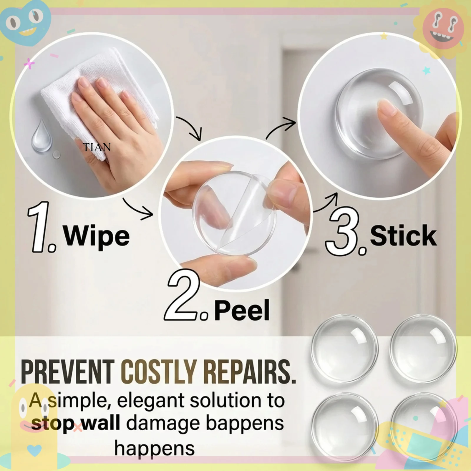 TIAN Invisible Clear Door Stoppers, Self‑Adhesive Door Handle Wall Protector, Shock‑Absorbent Silent Door Bumper, Transparen