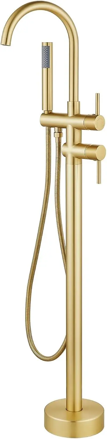 

Freestanding Bathtub Faucet with 360° Swivel Spout & Handheld Spray, Brushed Gold