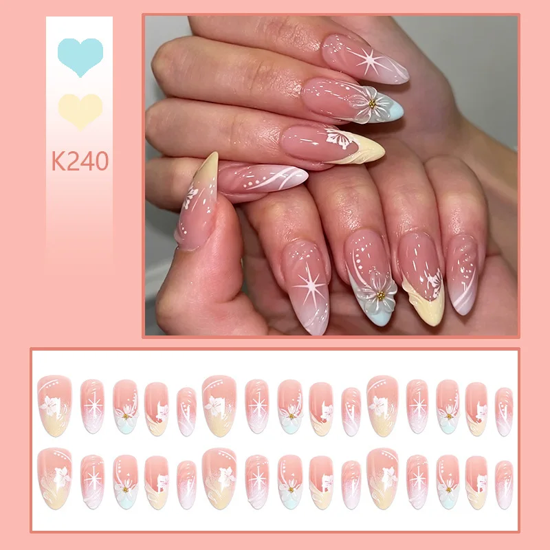 

24PCS Blue Yellow French Stick on False Nails with Glue 3D Flowers Sweet Pink Blush Almond Fake Nails for Women Ins Style Nails