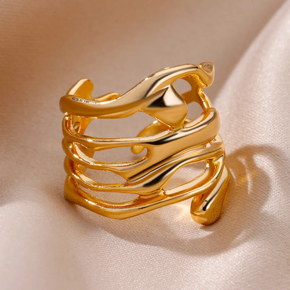 Anillos de acero inoxidable para hombre y mujer, sortija abierta ancha hueca de Color dorado, joyería de dedo para fiesta de boda, regalo 2024