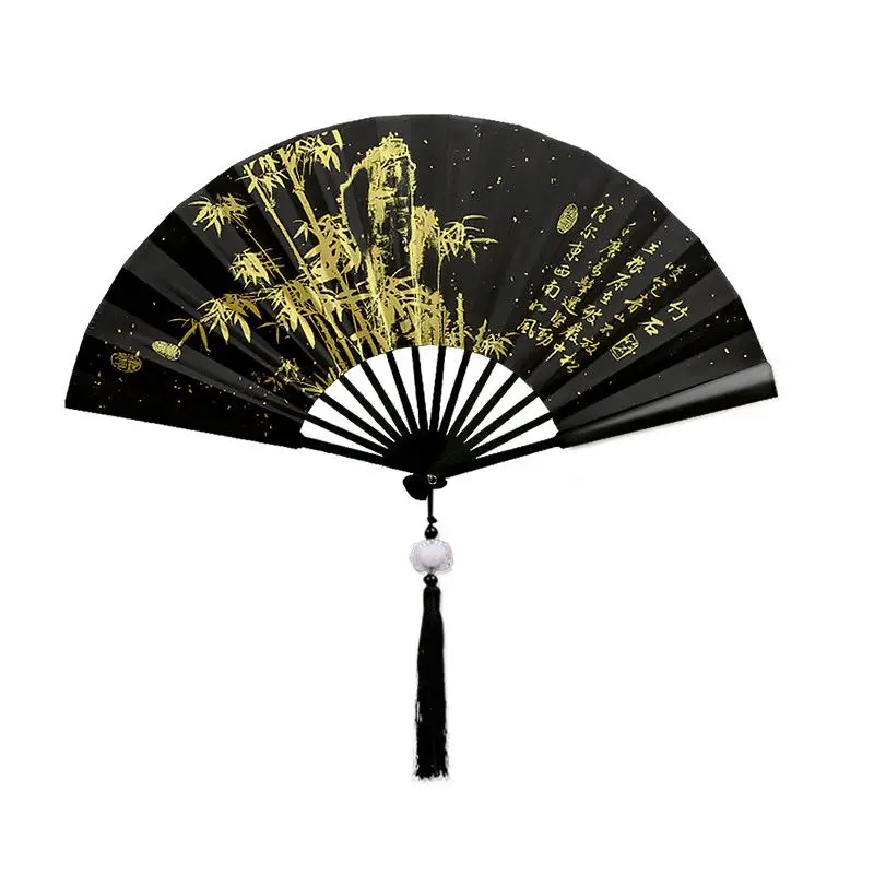 

Ancient Style Fashion Man Hanfu Fans Chinese Style Summer Woman Stage Dance Fan Bamboo Rib Folding Cloth Fan Black Gold Gift Fan