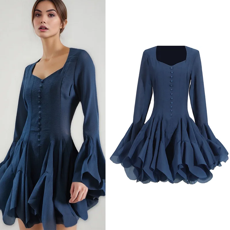

Women Short Square Neck Fairy Party Dress Flare Sleeve Ruffle Hem Stylish Summer Casual Dress Spliced Button Slimming Mini Dress