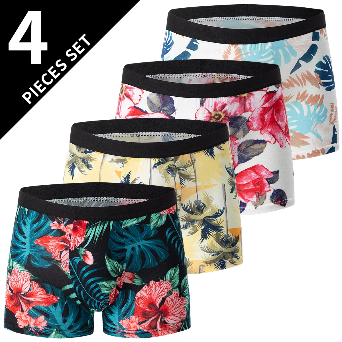 4-piece MEN\'S Fashionable and Charming Flower Underwear Comfortable and Breathable Crotch Boxers Teenagers plus Size Underwear.