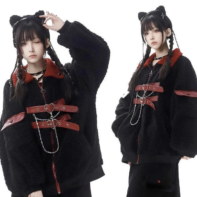 

Куртки Y2k для женщин, уличная одежда контрастного цвета, шикарная верхняя одежда с цепочкой, осенне-зимняя одежда, 2025 Ropa Mujer, модные пальто в стиле Харадзюку