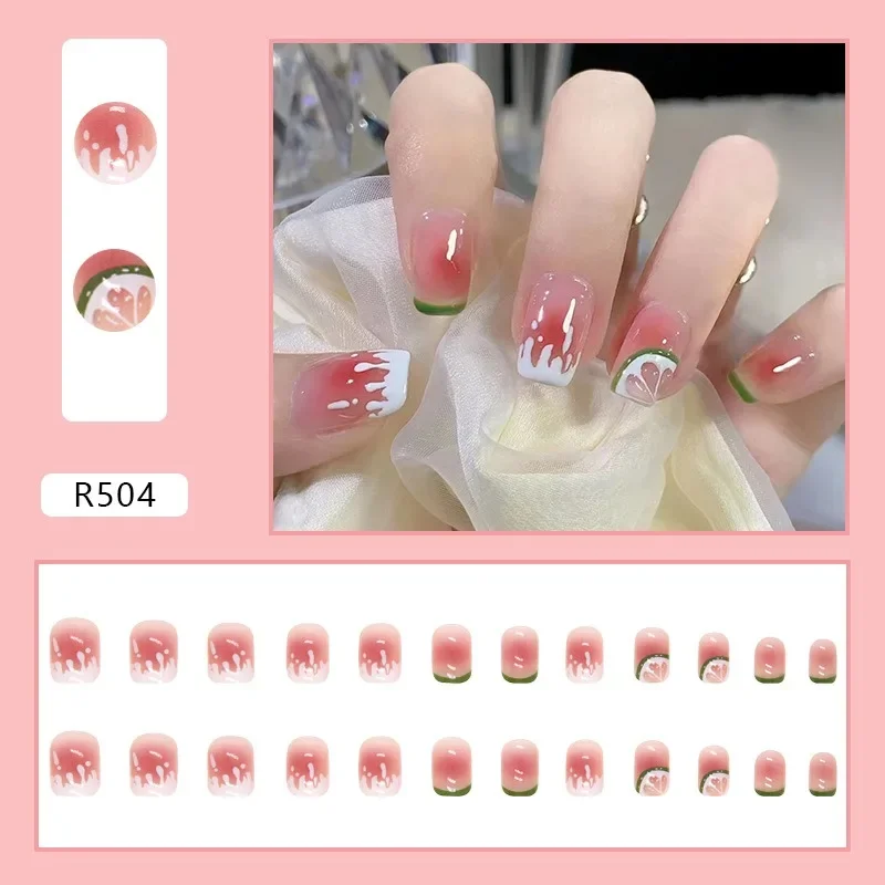 24pcs Cute Star Printed Design Fake Nail Short Square Faux Ongles Manicure Nail Stickers Press on Nail Tips Gradient False Nails