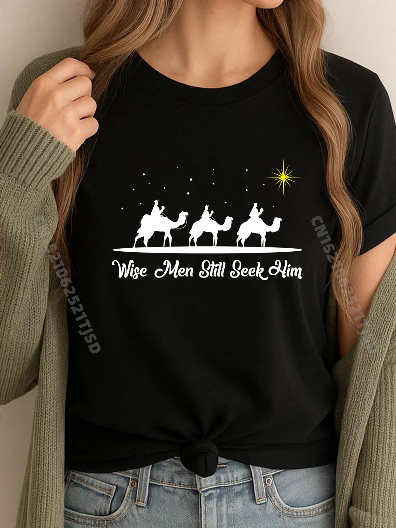 

Мудрая женщина Still Seek Him Christian Christmas Иисус Белая футболка с рисунком Уличная женская уличная одежда