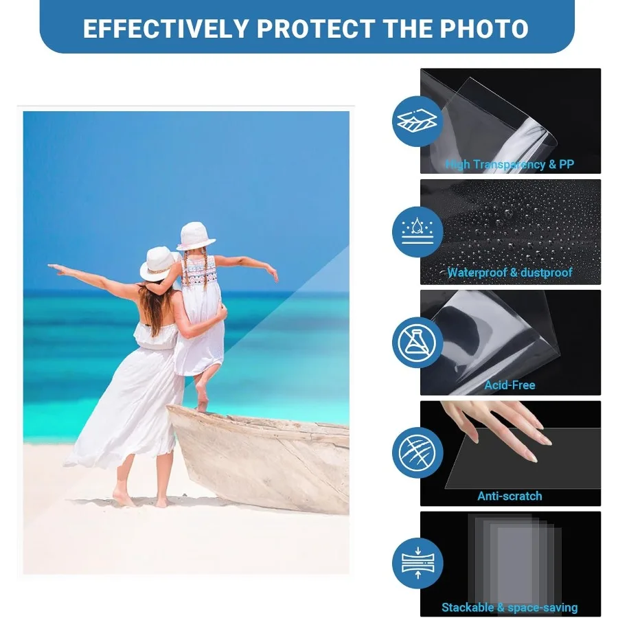 Fundas para fotos de 4x6, paquete de 100 hojas de carga superior, protector de archivo, funda para sesión fotográfica de plástico segura e impermeable, fundas suaves y transparentes