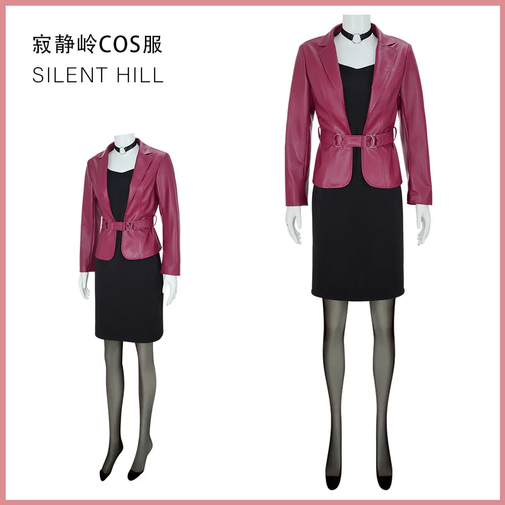 

Game Silent Cosplay Hill Women Black Dress Outfit Halloween Carnival Party Suit Female Maria Cosplay Red PU Jacket Dress Costume
