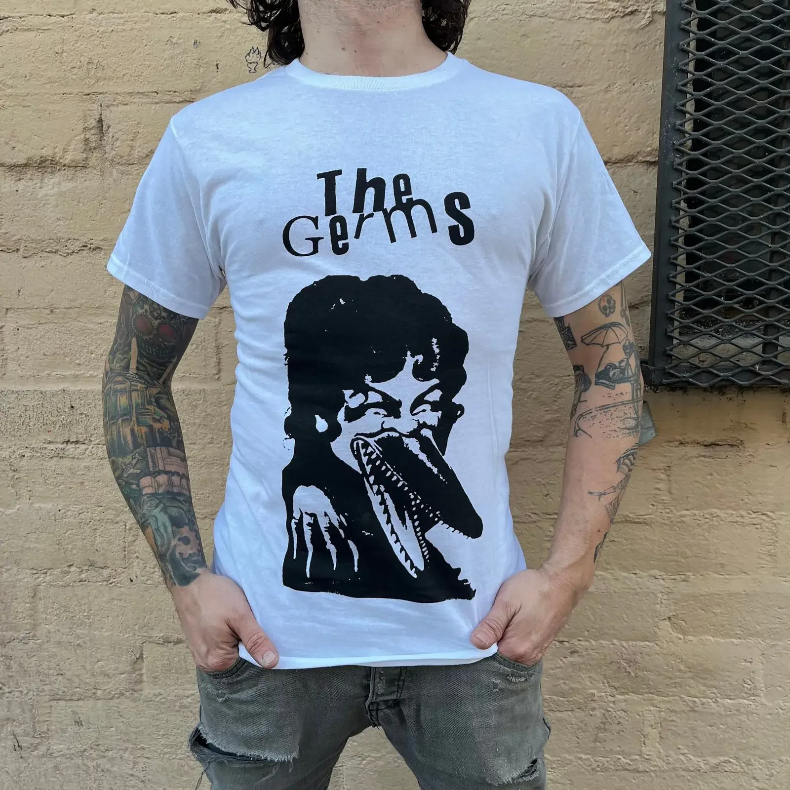 The Germs Band T Shirt Punk Hardcore KBD White vintage Washed Slightly designer clothes Stretched Comfortable Soft homme