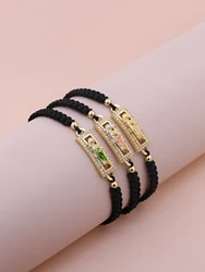 Retro Versatile Zircon Plated Gold Copper Rectangular Virgin Handwoven Adjustable Push Pull Cord Women Religious Bracelet