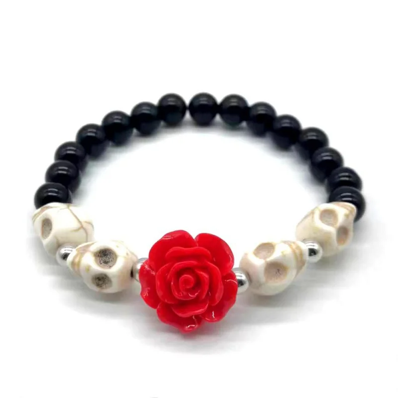 Cross-Border Hot Selling Halloween Skull Bracelet String Beads Adjustable Rose Flower  Woven Ghost Head Personalized Bra