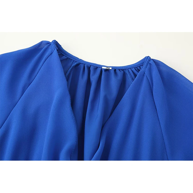 YENKYE 新しい女性ヴィンテージ弾性ウエストブルーロングドレスパフスリーブ V ネック A ラインホリデーカジュアルドレス秋マキシ Vestidos