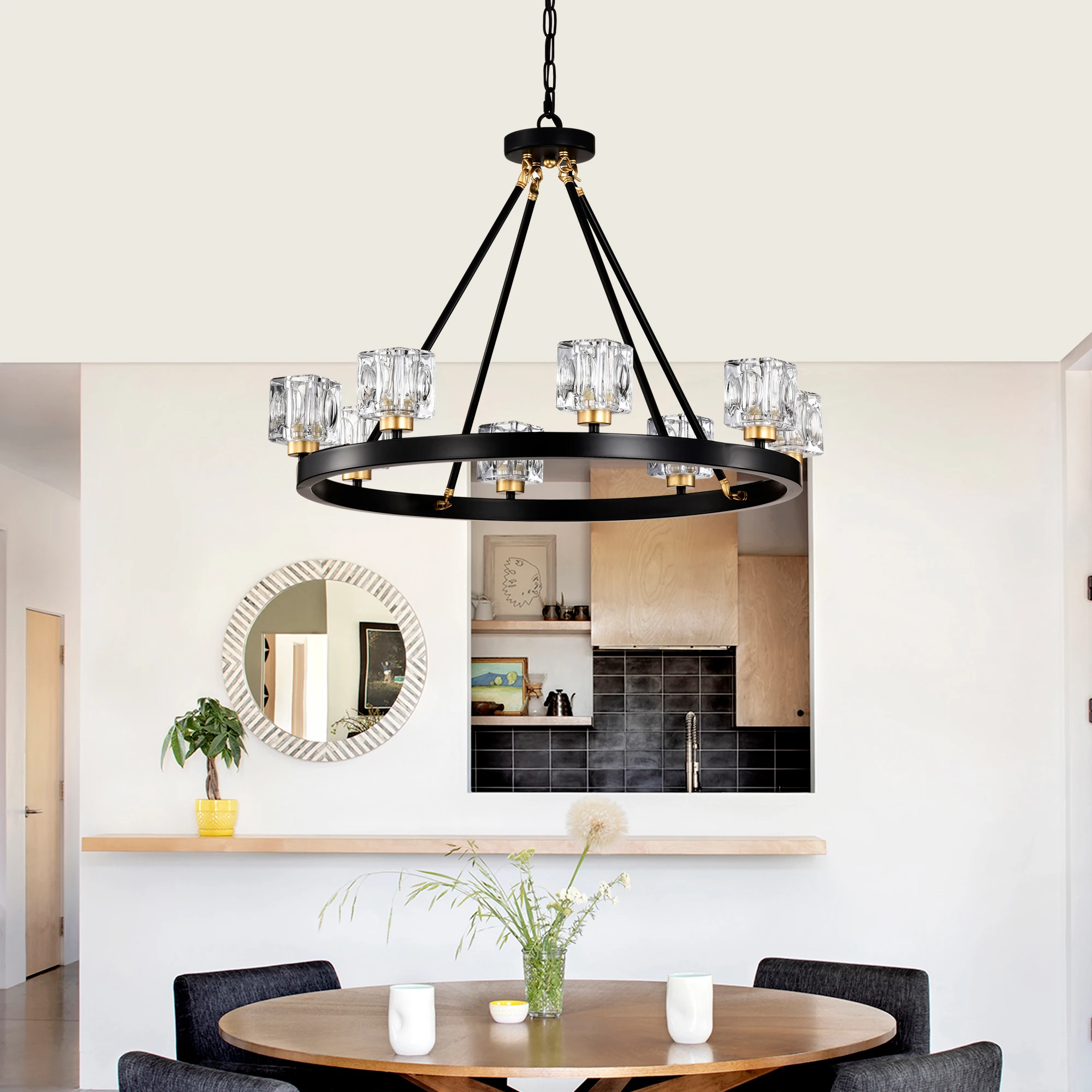 Matte Black + Gold Wagon Wheel Chandelier Farmhouse Modern Small Crystal Round Chandelier for Living Room Kitchen Island Foyer H