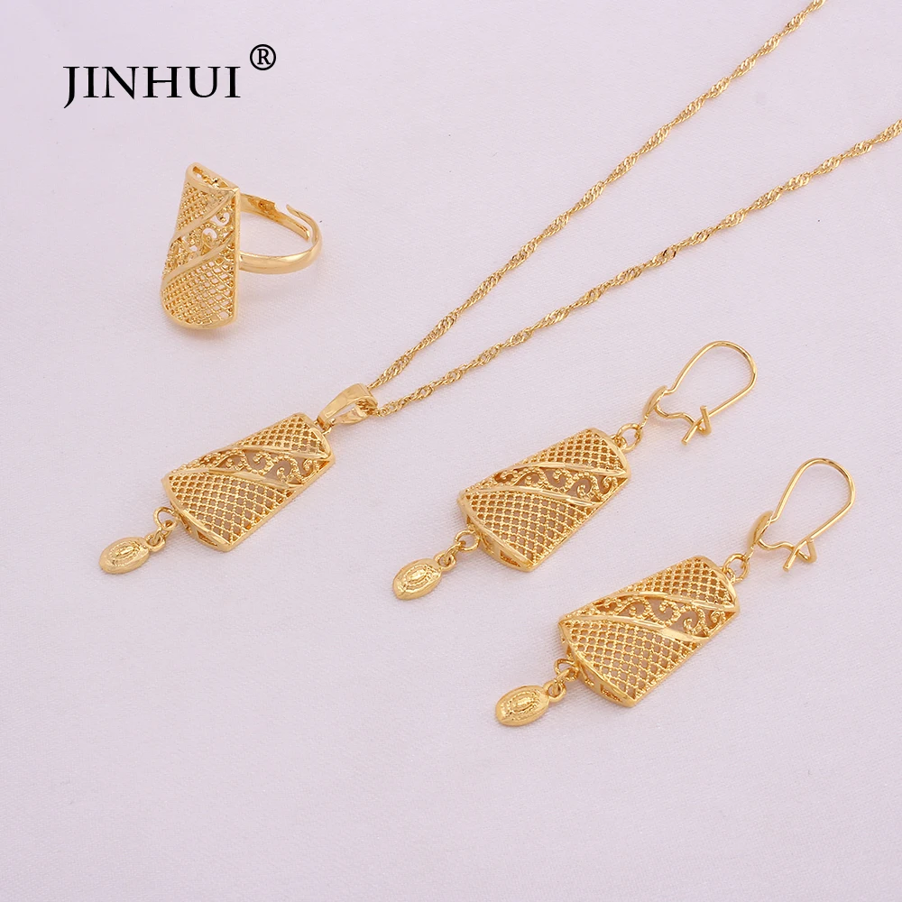 Dubai luxury gold plated jewelry sets for women India wedding gifts bridal Necklace set Pendant Earrings ring jewellery set