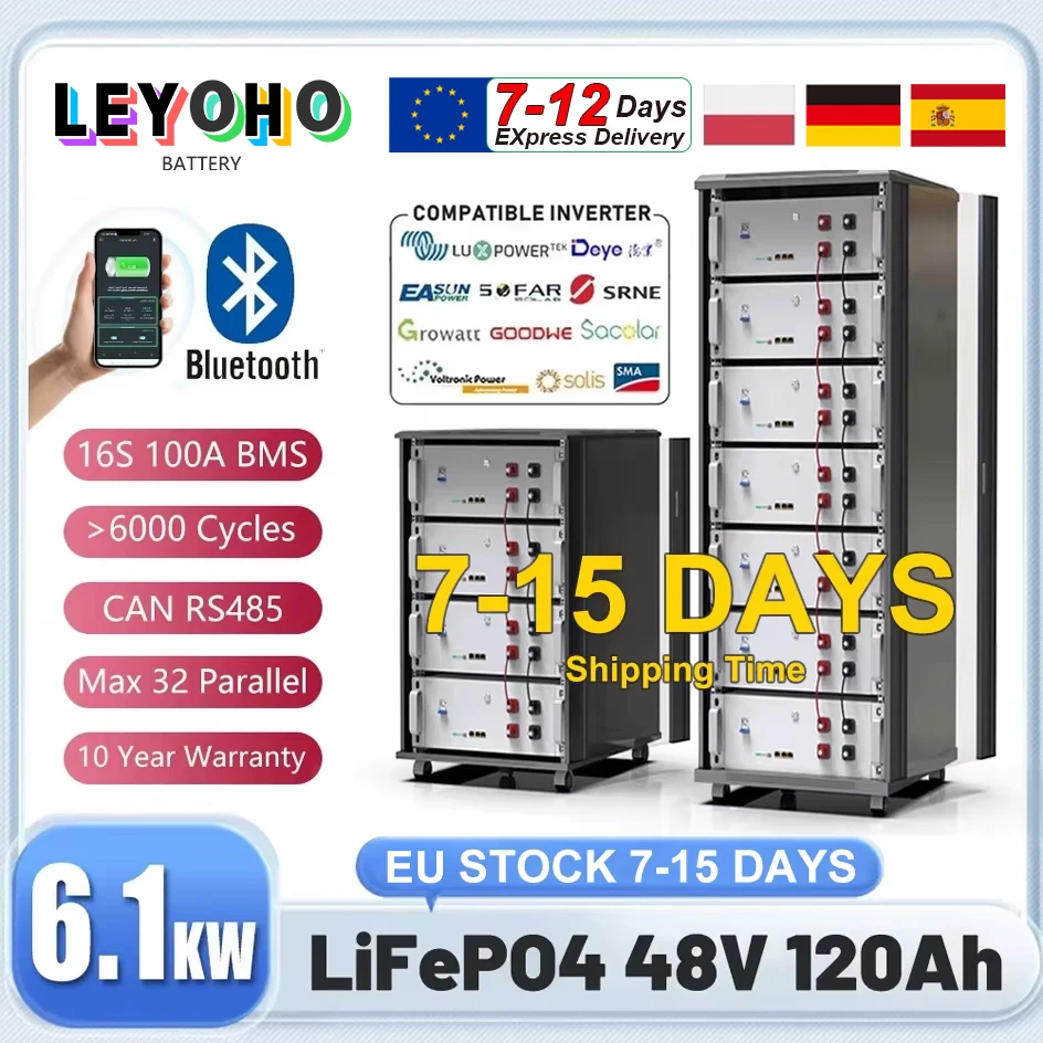 

EU STOCK LiFePO4 48V 120Ah 6Kwh Battery Pack 16S Bluetooth BMS 51.2V 100Ah 150Ah 6000 Cycles 7-15 Days Fast Delivery 100% NO TAX