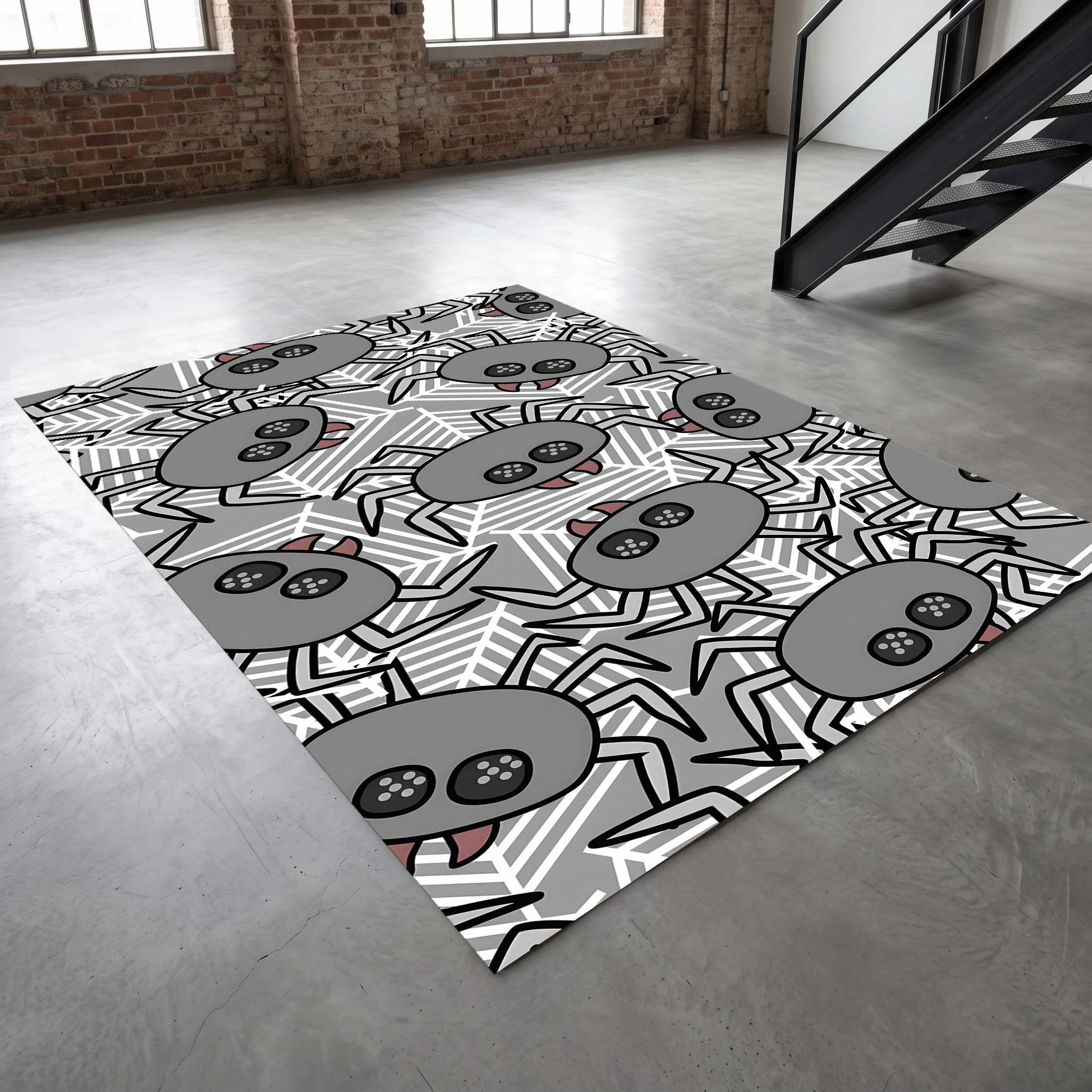 Cartoon Spider Halloween Area Rug, Grey‑White Spider Web Pattern, Fun Retro Style for Living Room Entryway Autumn Festival Decor