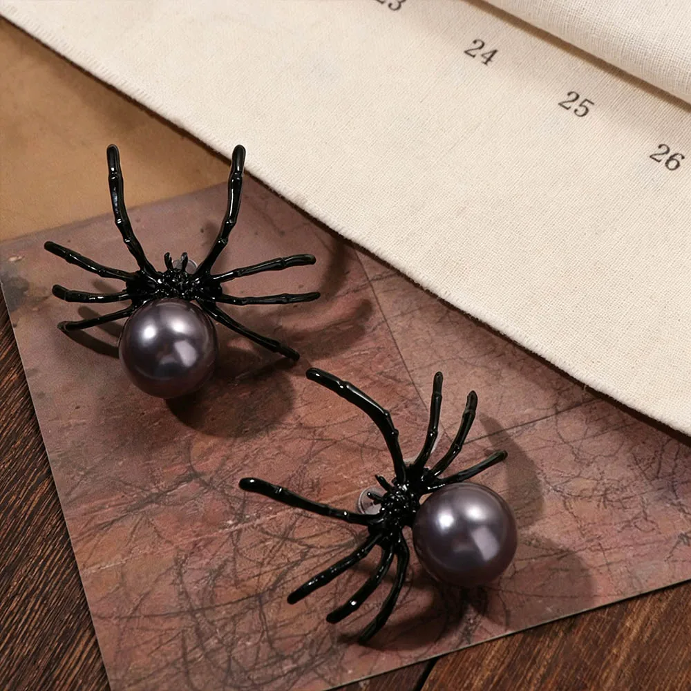 Vintage Alloy Halloween Earrings Dark Style Black Spider Stud Earrings Gothic Style Geometric Pearl Earrings Goth Festival