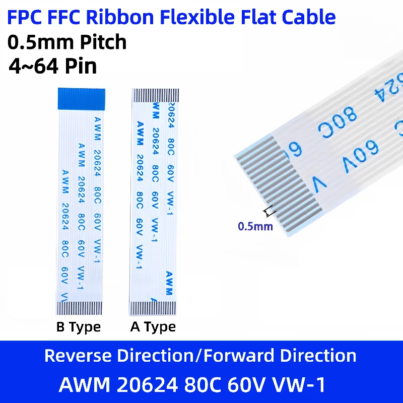 10PCS FPC FFC Ribbon Flexible Flat Cable 0.5MM Pitch 4/5/6/7/8/9/10/11/12/14/16/18/20/22/24/26/28/30/32/34/40 Pin AWM20624 Cable