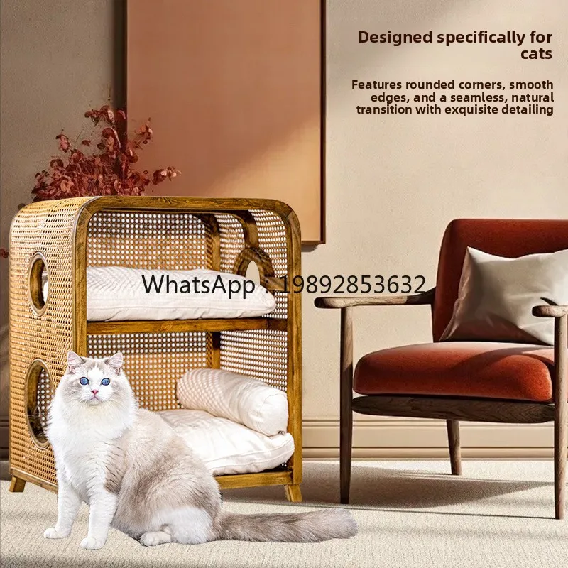 LYY Rattan Woven Solid Wood Cat House New Chinese Style Retro Furniture Cat House Bedside Semi-Enclosed Villa Cat House