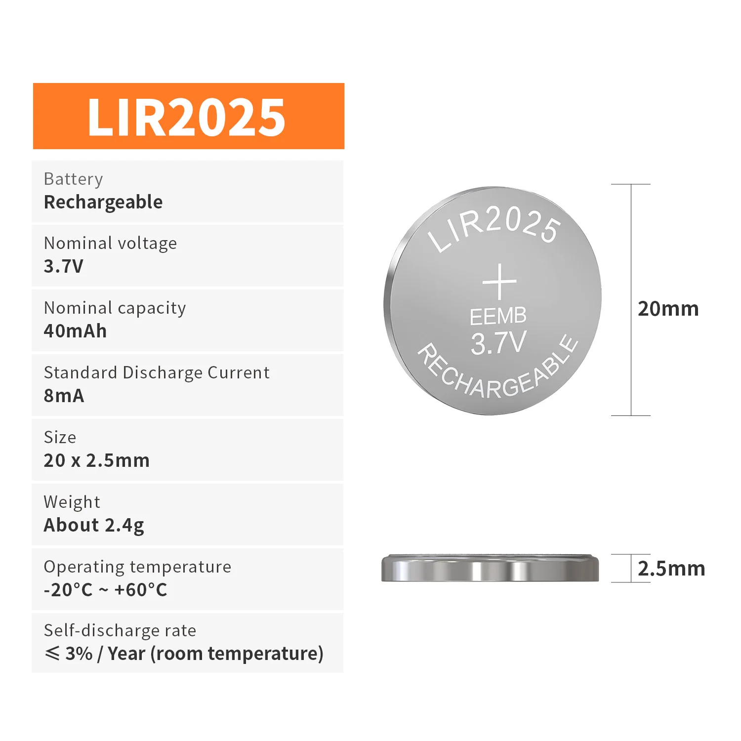 Batteria Ricaricabile LIR2025 3,7V 40mAh – Ioni Di Litio A Bottone Per Auricolari Bluetooth, Orologi, Telecomandi E Giocattoli (Caricatore Incluso)