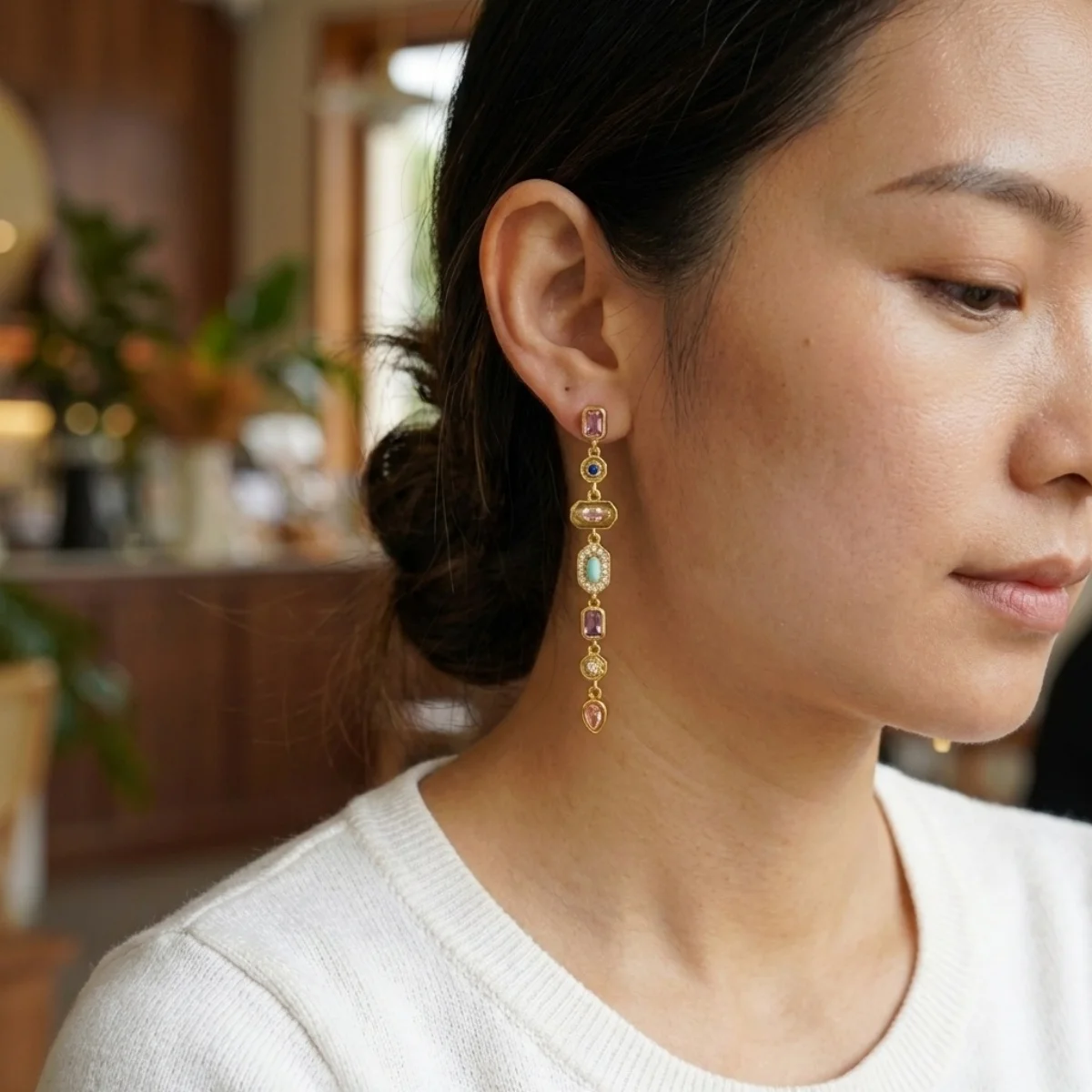 Bunte geometrische lange Quasten-Ohrringe mit Zirkonia für Damen und Herren, glänzende, elegante geometrische Ohrringe, Hochzeitsschmuck – Detail 5