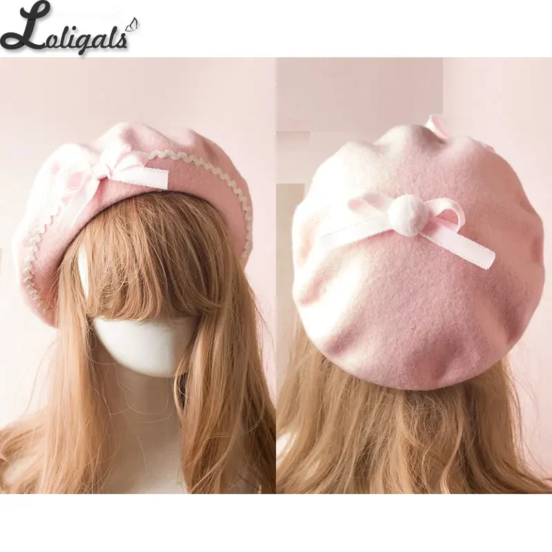 7722 Women Girls Sweet Lolita Beret Hat With Detachable Bowknot Painter Hat Lolita Girl Original Fashion Warm Handwork Hat Cute Bowknot  main image 4