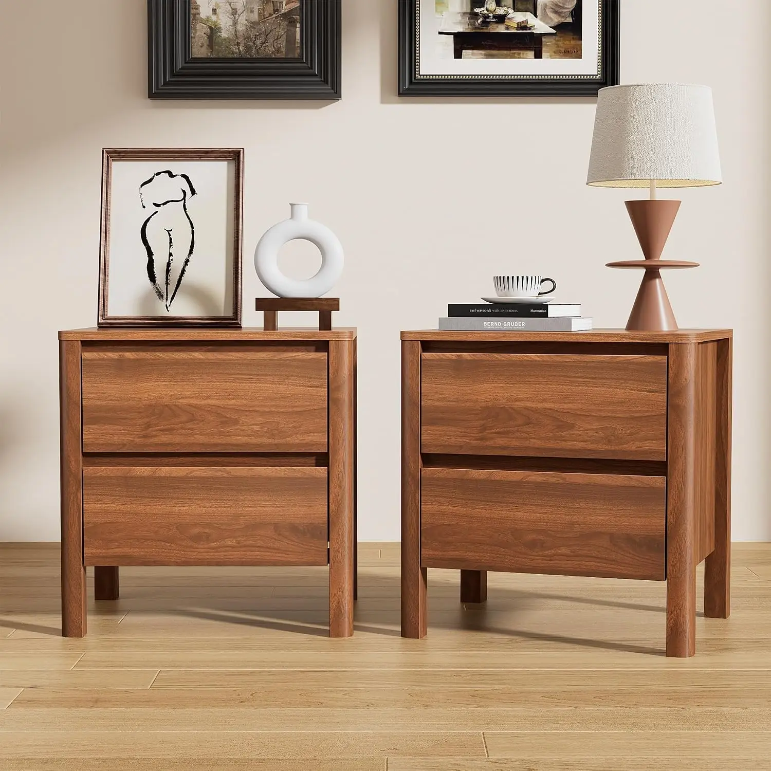 Mid Century Modern Nightstand Set of 2 with 2 Drawers Hidden Handles Solid Wood Legs for Bedroom, Customized