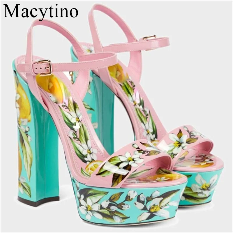 2024 14CM Heels Fashion Summer Shoes Women Sandals New Peep Toe High Heels Platform Flower Print Party Shoes Female Large Size