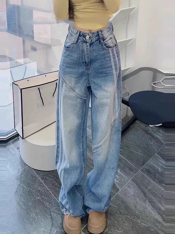 Stylish High Waist Wide Leg Jeans Women's European Version Super Cool Side Stripe Splicing Long Straight Casual Blue Denim