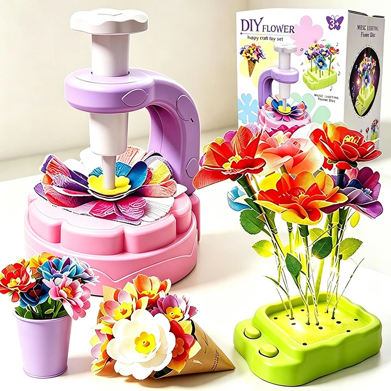 DIY Flower Bouquet Craft Kit for Girls Creative Machine Toy with Music & Lighting Children's Garden Art Set 3 Year Birthday Gift