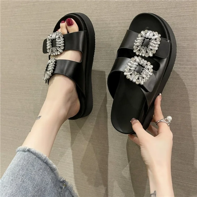 Square Rhinestones Slippers Women Thick Flat Sole Heighten Sandały Damskie Round Peep Toe Shallow Beach Huaraches Girls Leisure